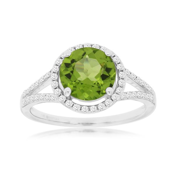 She's a beauty!!  This gorgeous August birthstone, peridot is vibrant with color. The 2.40 round gemstone is surrounded by a 