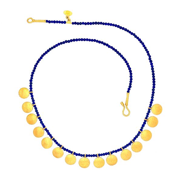Lapis and Gold Disc Necklace Peran & Scannell Jewelers Houston, TX