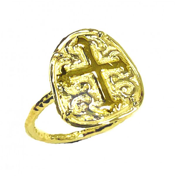 Cross Shield Ring with Hammered Shank Peran & Scannell Jewelers Houston, TX