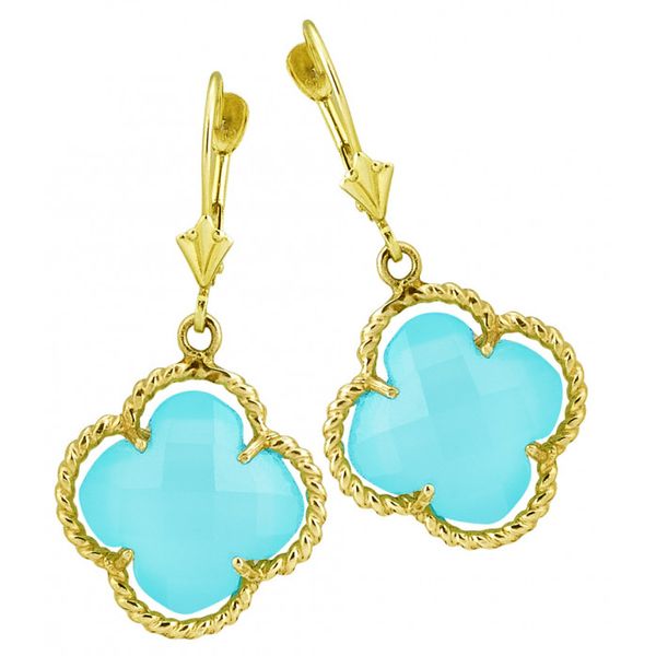 Blue Green Chalcedony Clover Earrings Image 2 Peran & Scannell Jewelers Houston, TX