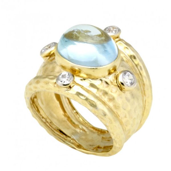 Blue Topaz Cabochon Ring with Hammered Texture and .24pts Diamonds Image 2 Peran & Scannell Jewelers Houston, TX