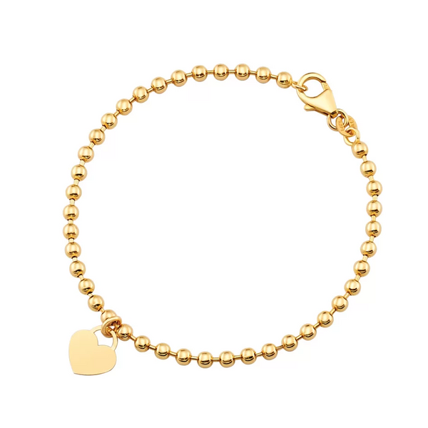 7.25" 14K Yellow Gold Bead Bracelet with Heart Charm Peran & Scannell Jewelers Houston, TX
