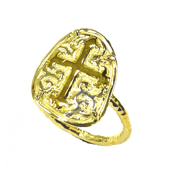 Cross Shield Ring with Hammered Shank Image 2 Peran & Scannell Jewelers Houston, TX