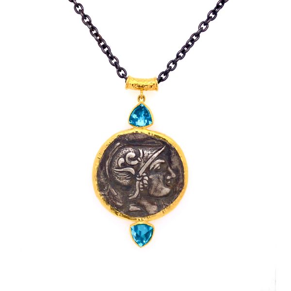 Blue Topaz and Coin Necklace Peran & Scannell Jewelers Houston, TX