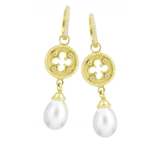 Clover Shield Earring Charm with White Pearl Drop and Diamonds Image 2 Peran & Scannell Jewelers Houston, TX