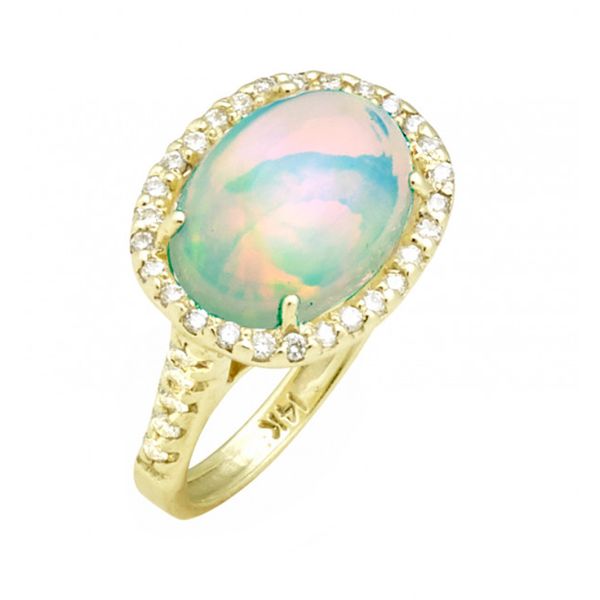 East to West 4ct Ethiopian Opal Ring with  Diamond Halo Peran & Scannell Jewelers Houston, TX