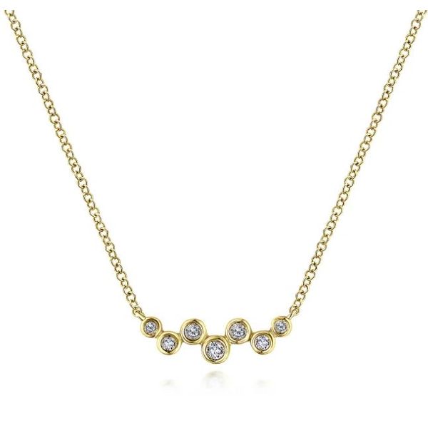 14K Yellow Gold Zig Zag Bubble Bar Necklace with Bezel Set Diamonds Roberts Jewelers Jackson, TN
