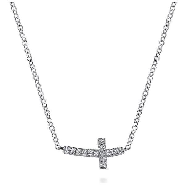 14K White Gold Sideways Curved Diamond Cross Necklace Roberts Jewelers Jackson, TN