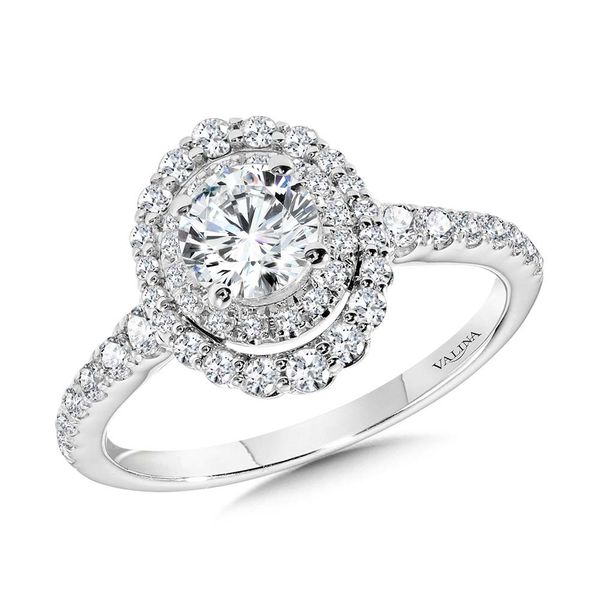GRADUATING DOUBLE HALO & TAPERED SHANK DIAMOND ENGAGEMENT RING Sanders Jewelers Gainesville, FL