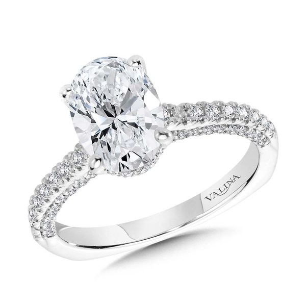 STRAIGHT OVAL-CUT HIDDEN HALO ENGAGEMENT RING W/ DIAMOND ARCH UNDERGALLERY Sanders Jewelers Gainesville, FL