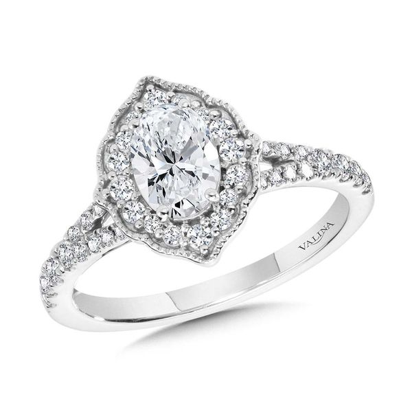 OVAL-CUT DIAMOND & VINTAGE MILGRAIN-BEADED HALO, SPLIT SHANK ENGAGEMENT RING Sanders Jewelers Gainesville, FL