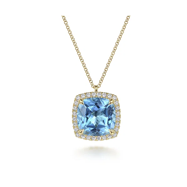 Gabriel & Co. 14K Yellow Gold Diamond and Blue Topaz Cushion Cut Necklace With Flower Pattern J-Back Shannon Jewelers Spring, TX