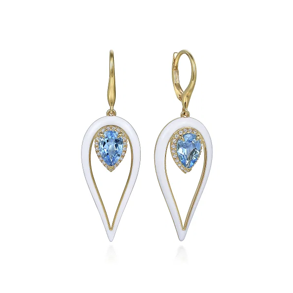 Gabriel & Co. Enamel - 14K Yellow Gold Diamond and Blue Topaz Long Pear Shape Drop Earrings With White Enamel Shannon Jewelers Spring, TX