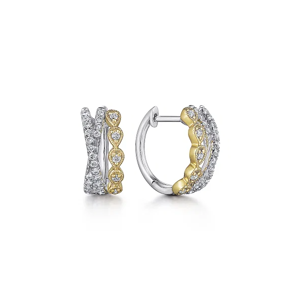 14k Yellow and White Gold Criss Cross 10mm Diamond Huggie Earrings Shannon Jewelers Spring, TX