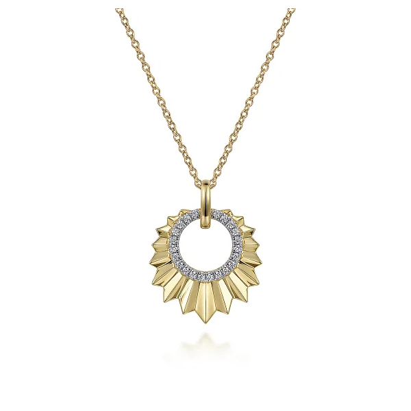 Gabriel & Co. 14K Yellow Gold Diamond and Diamond Cut Texture Pendant Necklace Shannon Jewelers Spring, TX