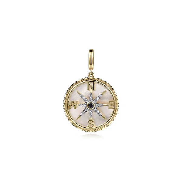 14K Yellow Gold Diamond Blue Sapphire Compass Medallion Pendant Shannon Jewelers Spring, TX