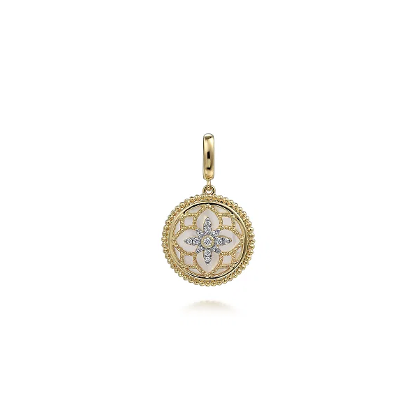 14K Yellow Gold Bujukan Diamond and Mother of Pearl Medallion Pendant in 18mm Shannon Jewelers Spring, TX