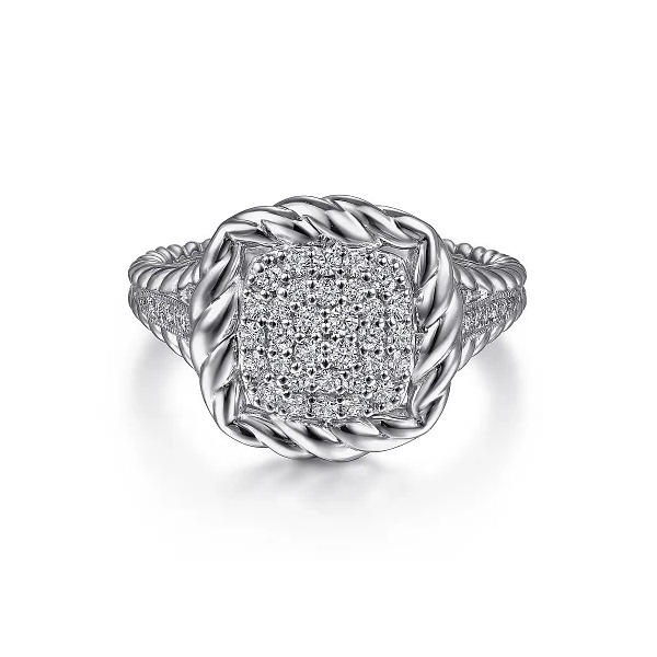Gabriel & Co. 925 Sterling Silver White Sapphire Pave Signet Ring with Rope Frame Shannon Jewelers Spring, TX