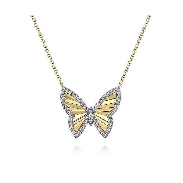 Gabriel & Co. 14K White and Yellow Gold Diamond Cut Butterfly Necklace Shannon Jewelers Spring, TX
