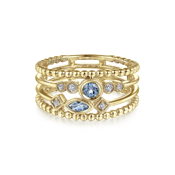Gabriel & Co. 14K Yellow Gold Swiss Blue Topaz and Diamond Multi Row Ring Shannon Jewelers Spring, TX