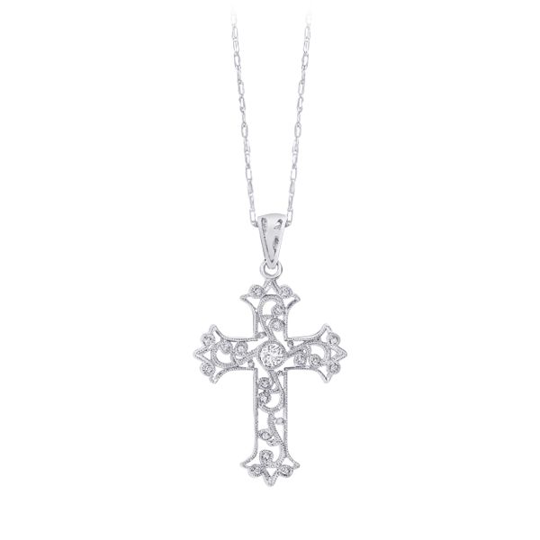 14k White Gold Diamond Lace Cross Pendant with Chain Shannon Jewelers Spring, TX