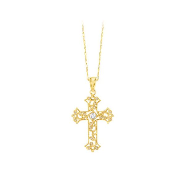 14k Yellow Gold Diamond Lace Cross Pendant with Chain Shannon Jewelers Spring, TX