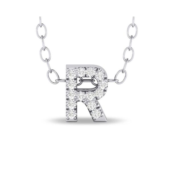 10K White Gold Diamond "R" Initial Pendant Necklace Shannon Jewelers Spring, TX
