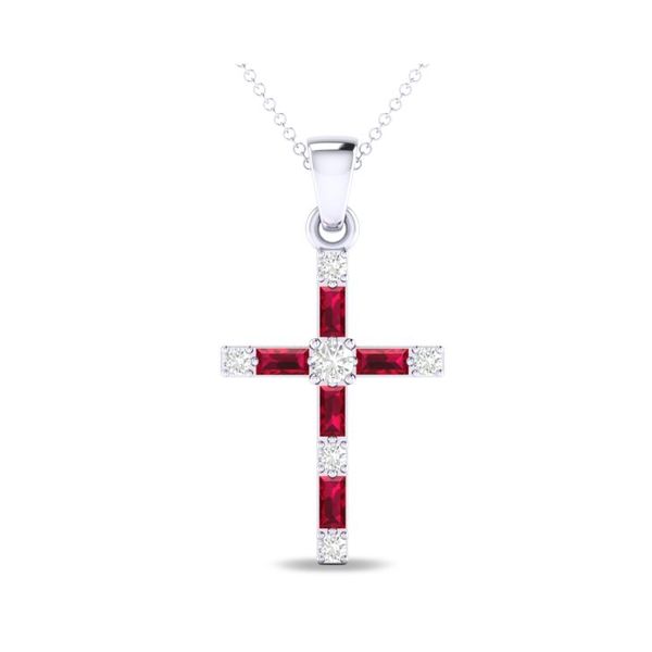 14K White Gold  Diamond and Ruby Cross Pendant Necklace With Chain Shannon Jewelers Spring, TX