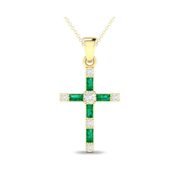14K Yellow Gold Diamond and Emerald Cross Pendant Necklace with Chain Shannon Jewelers Spring, TX
