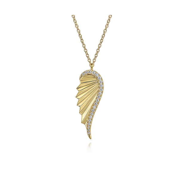 Gabriel & Co. 14K Yellow Gold Diamond Cut Wing Shape Pendant Necklace Shannon Jewelers Spring, TX