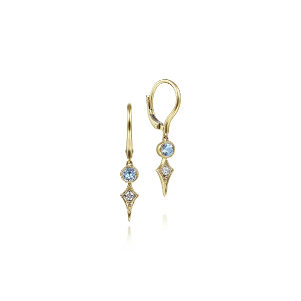 Gabriel & Co. 14K Yellow Gold Blue Topaz and Spiked Diamond Kite Drop Earrings Shannon Jewelers Spring, TX