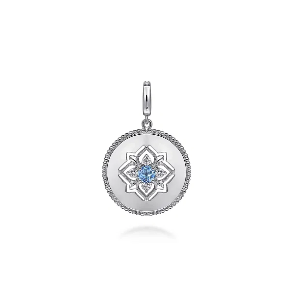 Gabriel & Co. 925 Sterling Silver Blue Topaz and White Sapphire Bujukan Medallion Pendant in size 24mm Shannon Jewelers Spring, TX
