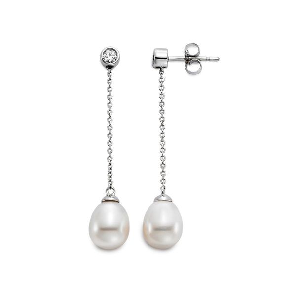 14K White Gold Chain Drop Pearl Earrings Shannon Jewelers Spring, TX