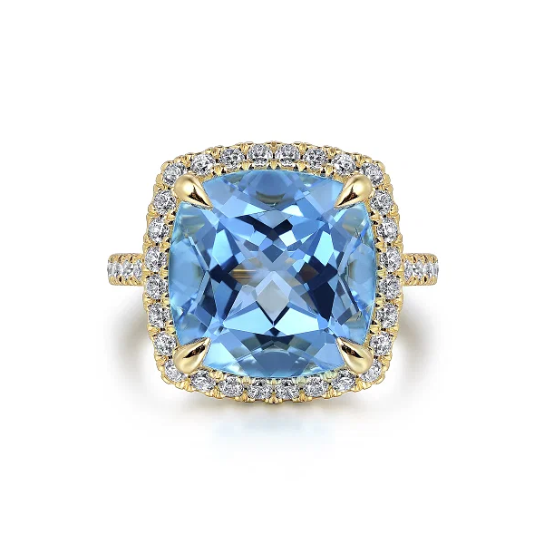 Gabriel & Co. 14K Yellow Gold Diamond and Blue Topaz Cushion Cut Ladies Ring With Flower Pattern Gallery Shannon Jewelers Spring, TX