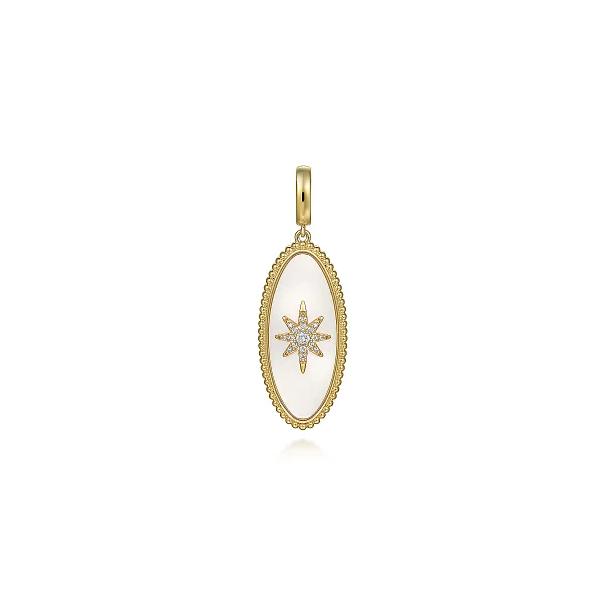 Gabriel & Co. 14K Yellow Gold Diamond and White Mother of Pearl Bujukan Oval Shape Medallion Pendant Shannon Jewelers Spring, TX