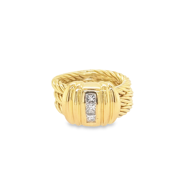 18Kt 3 Row Rope Ring with Princess Cut Diamonds Swede's Jewelers East Windsor, CT